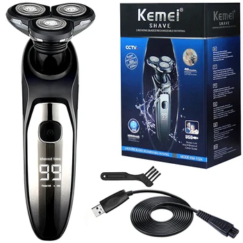 Kemei 1524 с ЖК-дисплеем, водонепроницаемая электробритва для мужчин, электрическая бритва для влажной сухой бороды, станок для бритья лица, перезаряжаемый