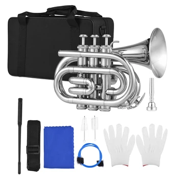 Мини Карманная труба Bb с мундштуком, сумка для переноски, Перчатки, ткань для чистки, Рог, духовой инструмент с аксессуарами для трубы
