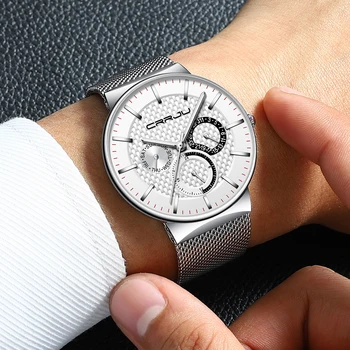 Мужские часы CRRJU 2021, модные деловые спортивные наручные часы для мужчин с датой недели, водонепроницаемые с сетчатым ремешком из нержавеющей стали часы мужские