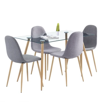Обеденный стол и стулья В комплект входят 1 Прямоугольный стеклянный обеденный стол + 4 простых обеденных стула в современном стиле с имитацией деревянных ножек.