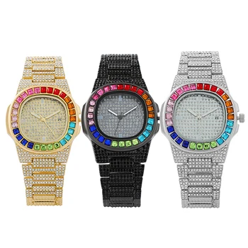 Покрытые льдом Красочные часы с бриллиантами Кварцевые Золотого Серебряного цвета с микромощением в стиле Хип-хоп Часы из нержавеющей стали