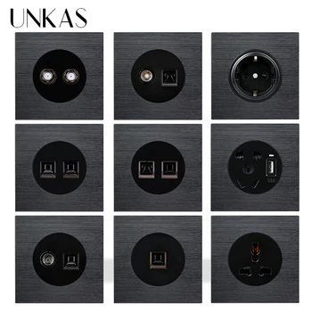 Французская розетка UNKAS EU, черная Алюминиевая панель, Двойное спутниковое телевидение, Компьютер RJ45, телефон, вентилятор, Диммер, Универсальная светодиодная розетка USB