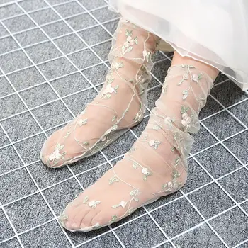 1 пара женских тюлевых носков, Прозрачные сетчатые носки с вышитыми цветами, Летние дышащие носки до щиколоток, Прозрачные хрустальные женские носки