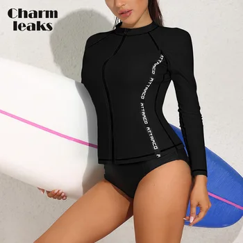 Charmleaks Женская защита от сыпи на молнии с круглым вырезом и буквами UPF 50+, Топы для серфинга, Длинные рукава, Быстросохнущая мягкая пляжная одежда