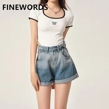 FINEWORDS, винтажные выстиранные синие летние джинсовые шорты с высокой талией, повседневные Корейские пляжные шорты трапециевидной формы, свободные Сексуальные шорты