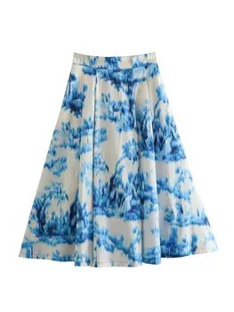 Kumsvag 2023 Женские Летние плиссированные юбки с винтажным принтом и карманами на высокой талии, женская элегантная уличная юбка до середины икры, одежда