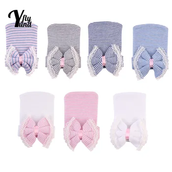 Yundfly, модные детские шапочки с жемчугом и кружевным бантом, Удобные теплые вязаные хлопковые шапочки для новорожденных, полосатые головные уборы, Реквизит для фотосъемки.