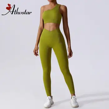 Бесшовный комплект для йоги ATHVOTAR, спортивный комплект для красоты спины, выдолбленный тренировочный комплект, женский спортивный комплект с V-образным вырезом, спортивный костюм на одно плечо