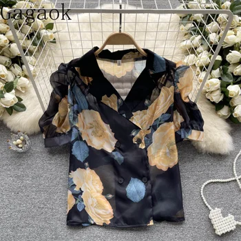 Блузки Gagaok С французским ретро-нишевым дизайном, рубашка с воротником и принтом, женский летний модный топ с тонкими плиссированными рукавами-пузырями