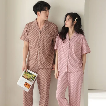Высококачественный Парный Пижамный Комплект M-3XL, Мягкая Пижама для Молодых Влюбленных, Пижама из 100% Хлопка С отложным воротником, Пижама