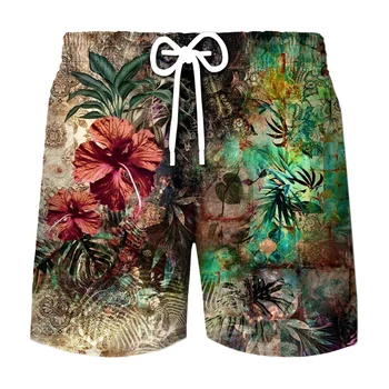 Гавайские пляжные шорты, мужской повседневный купальник с 3D принтом натуральных растений, быстросохнущие бермуды Шорты для доски для серфинга, брюки, Модные плавки