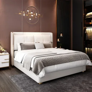 Главная спальня с двуспальной кроватью из массива дерева, Современная простая Свадебная Кожаная кровать