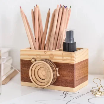 Держатель для карандашей, Лаконичный деревянный контейнер для ручек в форме камеры, специальный для офиса
