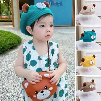 Детская шапка-берет с мультяшным медведем для девочек и мальчиков ярких цветов, детские вязаные шапки, эластичная шапочка-бини для малышей, 6 м-3Y