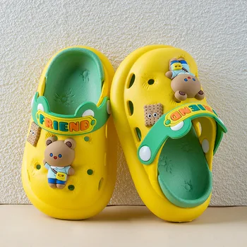 Детские желтые тапочки из ЭВА с животными, обувь с дырками, пляжные сандалии для мальчиков, домашние тапочки для девочек, детская садовая обувь с запахом на каблуке, лето