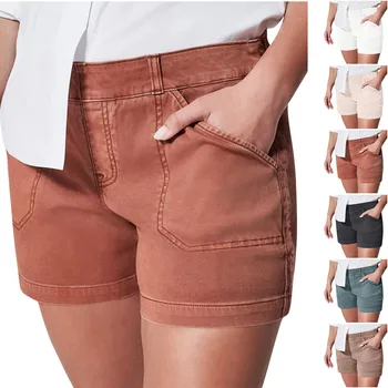 Джинсовые шорты персикового цвета с высокой талией, без пуговиц и молнии, облегающие Сексуальные однотонные женские брюки 2023, летние поп