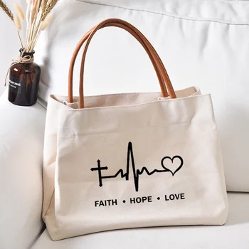 Женская пляжная сумка с принтом Faith Hope Love, холщовая сумка-тоут, рабочая сумка, сумка для покупок, церковная сумка, прямая поставка