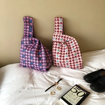Женская сумка через плечо в клетку, дизайнерская большая цветная клетчатая сумка для вязания крючком, большая сумка для покупок, женские сумки