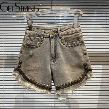 Женские шорты Getspring 2023, Новые летние джинсовые шорты в стиле ретро с металлическими заклепками, модные Универсальные джинсовые брюки с высокой талией для женщин