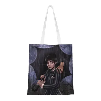 Забавный принт Wednesday Addams на Хэллоуин, готические сумки-тоут для покупок, многоразовая холщовая сумка для покупок на плечо