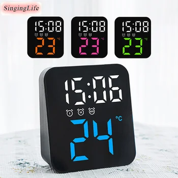 Квадратный светодиодный цифровой будильник с индикацией температуры, времени и даты, настенные часы с 2 уровнями регулируемой яркости, часы на прикроватном столике