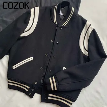 Классическая бейсбольная куртка для мужчин и женщин, натуральная кожа, шерсть, черно-белая куртка в стиле пэчворк, Модная высококачественная одежда Унисекс 2023 г.