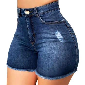 Летние женские джинсовые брюки с дырками и высокой талией, короткие брюки-бермуды, повседневные уличные брюки с обтягивающей пятиточечной строчкой с кисточками.