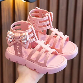 Летние сандалии для маленьких девочек; Новинка 2023 года; Простые милые розово-зеленые детские сандалии для малышей; Мягкая повседневная школьная детская обувь