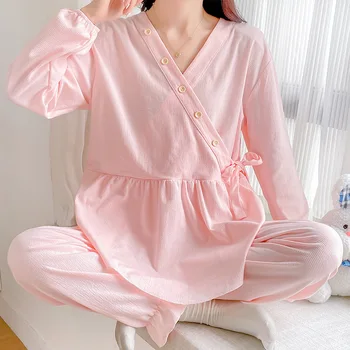 Милая пижама с V-образным вырезом и открытой пуговицей для беременных и кормящих мам, хлопковая пижама для беременных и кормящих женщин, комплект пижам для кормления, набор для сна