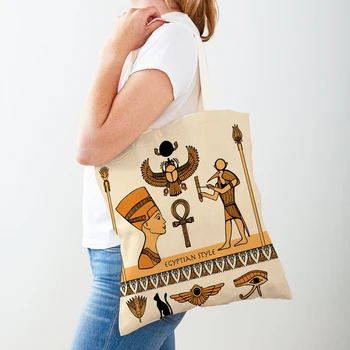 Мода Древний Египет Тотем Фараон Двусторонняя холщовая хозяйственная сумка многоразового использования Мультфильм Анубис Леди Студенческие сумки для покупок для женщин