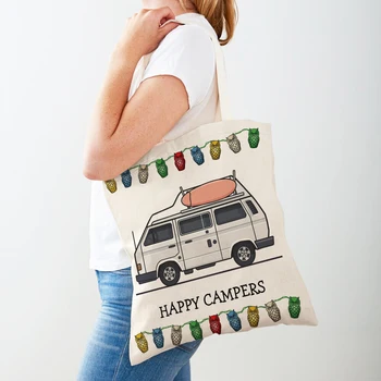 Модная Женская холщовая сумка для покупок Happy Camper Van Life, сумка-тоут для женщин, повседневные сумки для покупок с мультяшным принтом автомобиля для путешествий