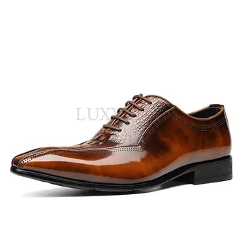 Мужские модельные туфли из натуральной кожи, деловые офисные свадебные туфли-оксфорды с острым носком и перфорацией типа 