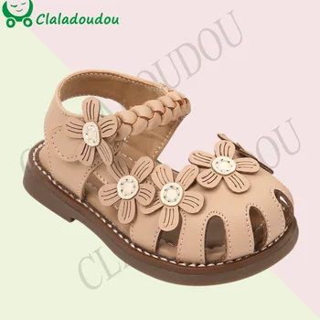 Размер 15-25 2023 Летняя детская обувь Сандалии с плетеными цветами для маленьких девочек Детская обувь с закрытым носком Домашняя обувь Сандалии для маленьких девочек