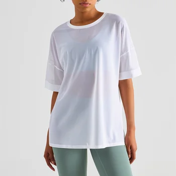 Сверхмягкая Свободная посадка, рубашка для йоги длиной до бедер, прошитая сеткой, повседневный спортивный топ, летняя спортивная футболка с коротким рукавом для женщин