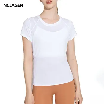 Спортивная футболка NCLAGEN, женский жаккардовый топ для фитнеса с коротким рукавом, летняя быстросохнущая Сетчатая Дышащая блузка для занятий йогой в тренажерном зале