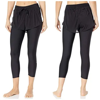 Тренировочные штаны для йоги, бега, три в одном, эластичная шнуровка с высокой талией, поддельные спортивные укороченные брюки из двух частей, тренировочные брюки