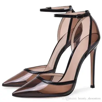 Туфли-лодочки с острым носком и ремешком на щиколотке из ПВХ на высоком каблуке 10 см, женские свадебные туфли на каблуке черного цвета