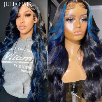 Julia Hair Черный с синими бликами, объемная волна, парик на кружеве 13x4, Бразильский парик из предварительно выщипанных человеческих волос 150 плотности для женщин