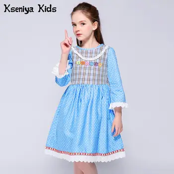 Kseniya Kids/ 2018 Платье с принтом для девочек, рукав-лепесток, кружевные цветочные аппликации, модные платья в клетку и горошек для девочек для вечеринок и свадеб