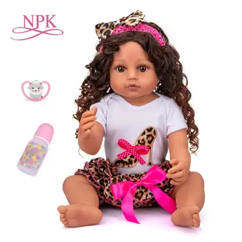 NPK 55 см, ОРИГИНАЛЬНАЯ коричнево-загорелая кожа, принцесса, полное тело, силиконовая возрожденная кукла для малышей, вьющиеся волосы, настоящая гибкая девочка