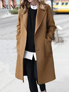 Sungtin Классическое Верблюжье шерстяное пальто для женщин с большим воротником-лацканом Длинное пальто Корейская мода Свободная Осенне-зимняя одежда 2023