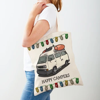 Автомобильная сумка-тоут с мультяшным домиком, сумка для покупок, женская повседневная сумка Happy Camper Van Life, модная женская холщовая сумка для покупок