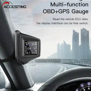 Головной дисплей OBD GPS, двухсистемный автомобильный цифровой Hud GPS спидометр, 2-дюймовый ЖК-сигнализатор превышения скорости, автомобильный проектор скорости