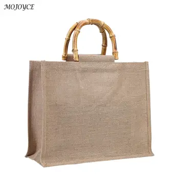 Женские льняные сумки-тоут с бамбуковой ручкой, сумочка многоразового использования для рукоделия, покупки продуктов, подарочной упаковки.