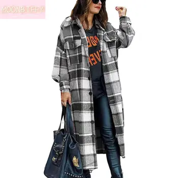 Женское пальто 2023, длинное осенне-зимнее пальто с длинным рукавом, свободная клетчатая рубашка на пуговицах, пальто, уличная женская куртка, пальто