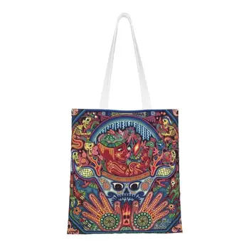 Изготовленный на Заказ Мексиканский Череп Huichol Южная Америка Pop Aztec Холщовые Хозяйственные Сумки Женщины Портативные Сумки Для Покупок Бакалеи Shopper Tote Bag