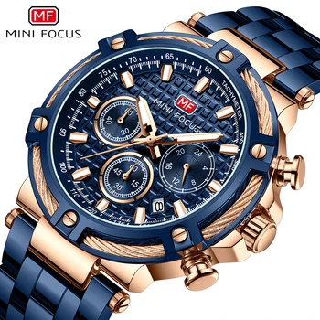 Мужские кварцевые часы MINI FOCUS темно-синего цвета, многофункциональный вспомогательный циферблат, Календарь, роскошные деловые Водонепроницаемые часы из нержавеющей стали