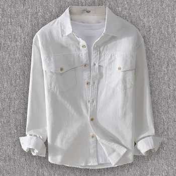 Осенние мужские рубашки из чистого хлопка с длинными рукавами, красивые белые рубашки-карго свободного покроя, повседневная рабочая рубашка на пуговицах