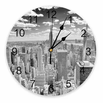 Серые Декоративные Круглые настенные часы с пейзажем Нью-Йорка, дизайн с арабскими цифрами, Не тикающие Спальни, ванная комната, Большие настенные часы