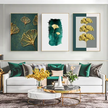 Скандинавские абстрактные плакаты с зеленым, желтым, золотым принтом листьев растений, картина на холсте, Винтажная настенная живопись, украшение для дома в гостиной